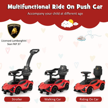 INFANS 3 in 1 Ride on Push Car, Licensed Lamborghini Baby Stroller Sliding Walking Car with Parent Control Handle, Music, USB, H