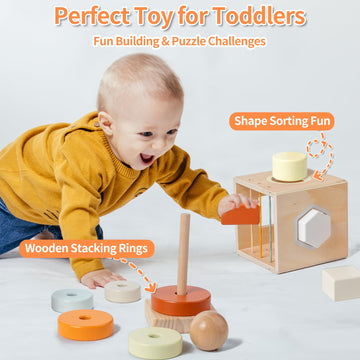 Montessori Toys For 1-3 Year Old, Baby Toys 12-18 Months, Wooden Stacking Rings Toys For Toddlers, Shape Sorting Cube, Xylophone, Preschool Sensory Developmental Educational Toys For Babies