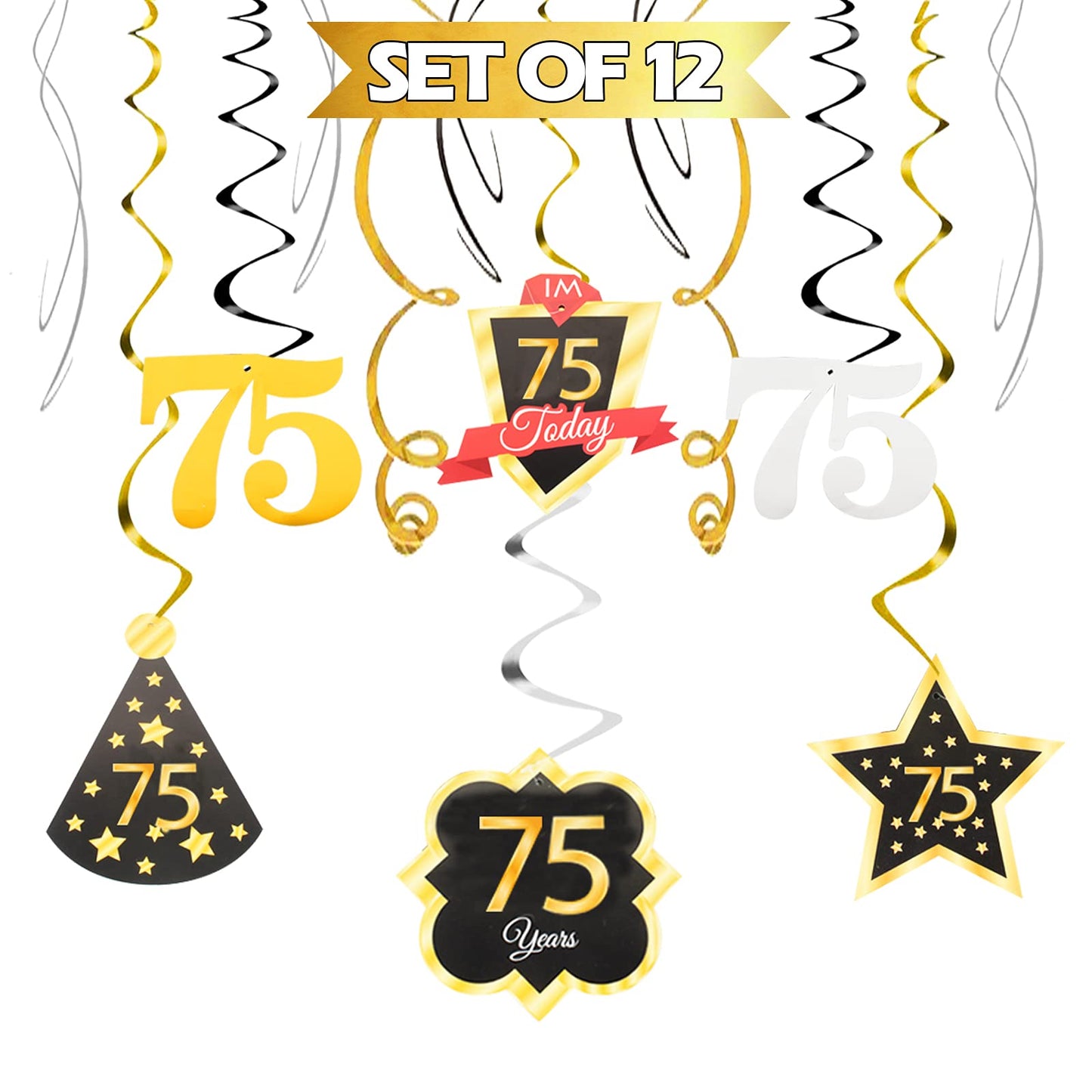 LINGTEER Happy 75th Birthday Decorations - 12Pcs Birthday Black & Gold Swirls Streamer Set,Cheers to 75 Years Old Bday Party Dec
