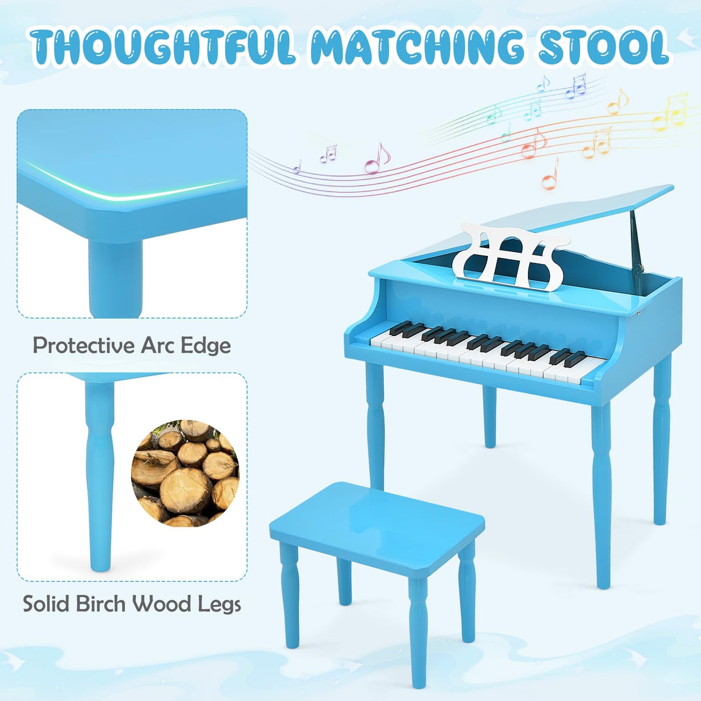 Goplus 30-Key Classical Kids Piano, Mini Grand Piano Wooden Learn-to-Play Musical Instrument Toy with Bench, Piano Lid, Music Ra