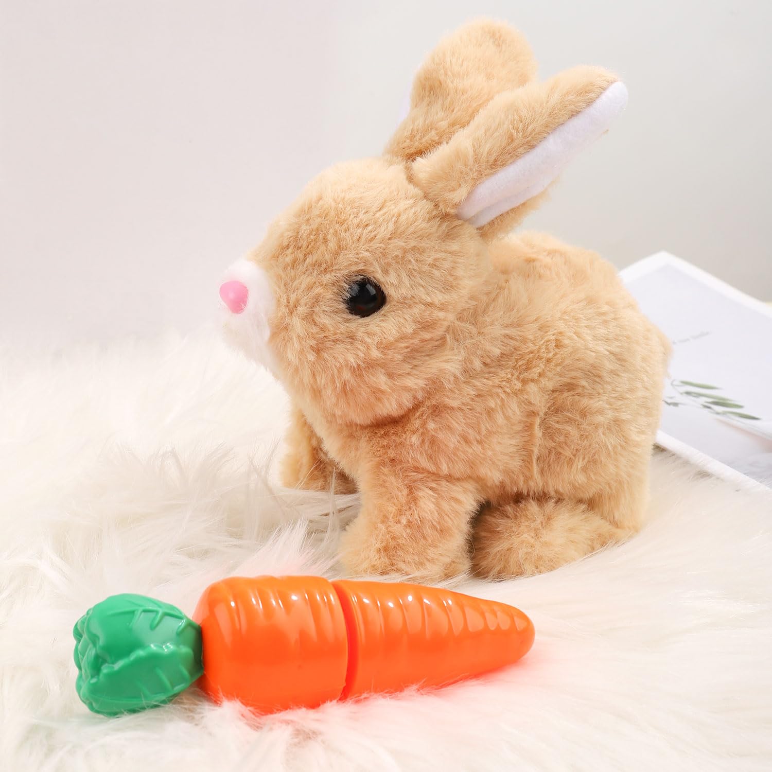 PEUTIER Bunny Plush Toy with Carrot Toy  Interactive Bunny Toy Electronic Hopping Rabbit Toy Walking Bunny Toys with Sounds Wiggle Ears Twitch Nose Bunny Toy for Kids Easter Birthday Gifts