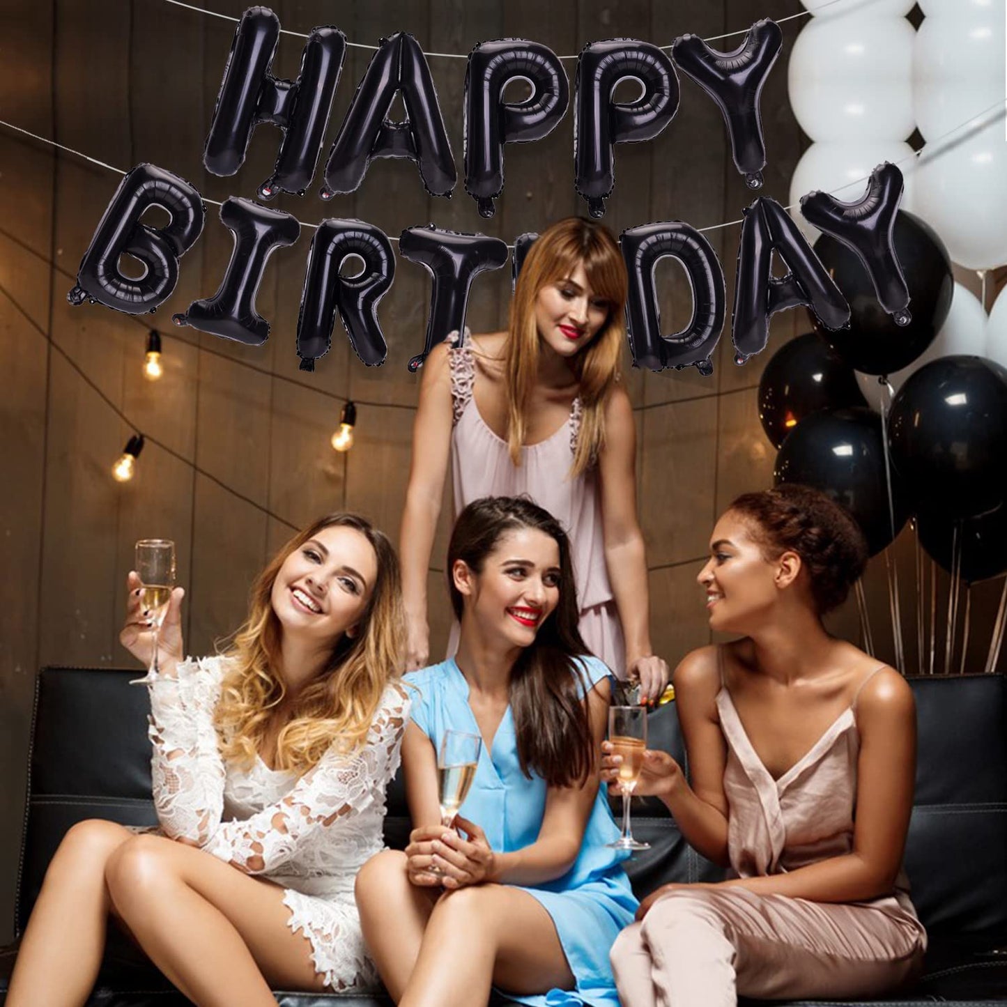 Pigetale Black Happy Birthday Balloons Banner, 16 Inch Mylar Foil Letters Happy Birthday Sign Bunting Inflatable Reusable 3D Han