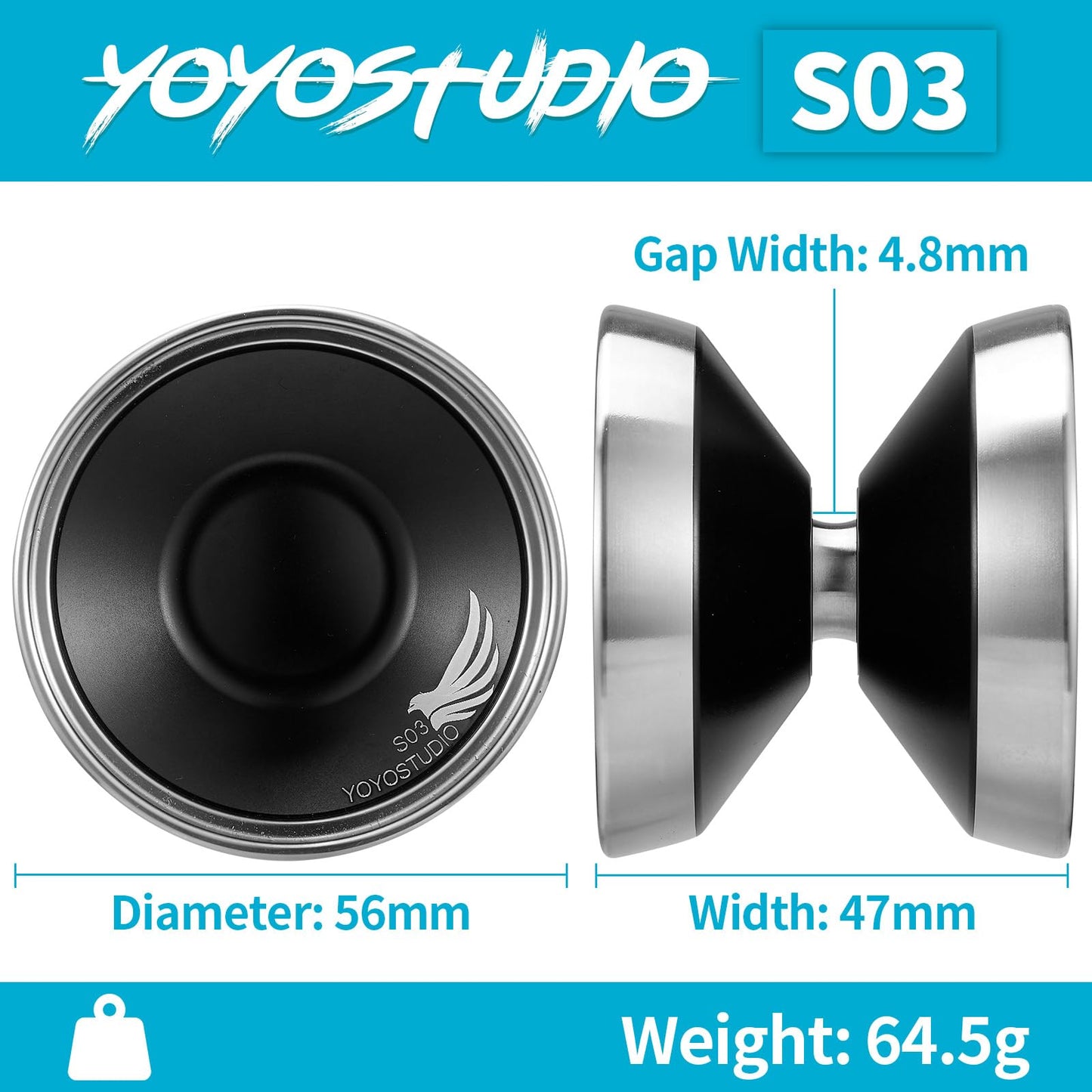 Yoyostudio S03 Black Silver Bi-Metal Yoyo Professional, Unresponsive Yo Yo For Adults, Responsive Yoyos For Kids 8-12 Or Above,