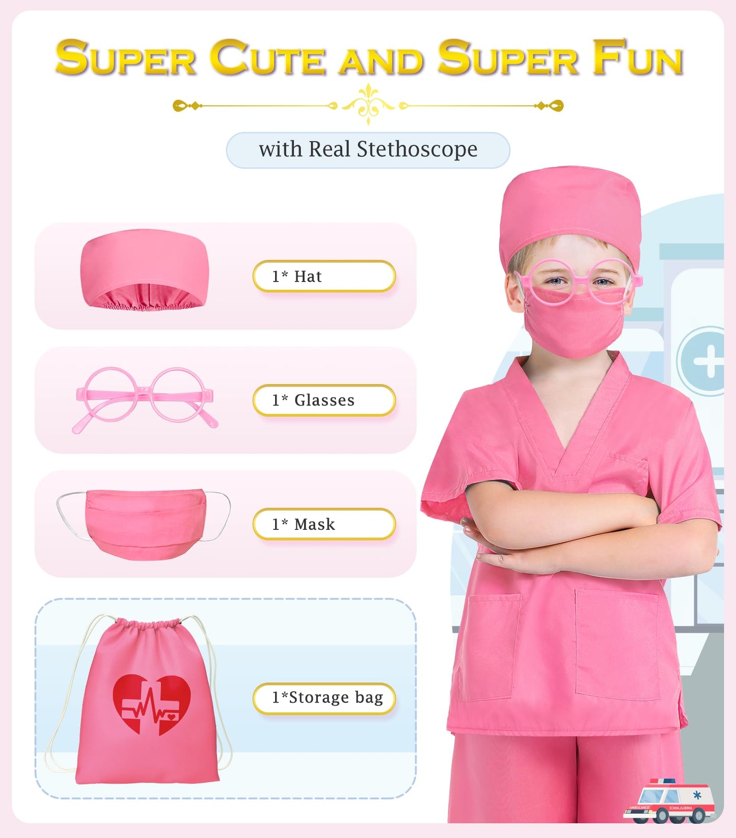 BIBUTY Doctor Costume for Kids Scrubs for Girls Boys, Pretend Play & Dress Up Clothes for Kids, Halloween Costumes for Girls Doc