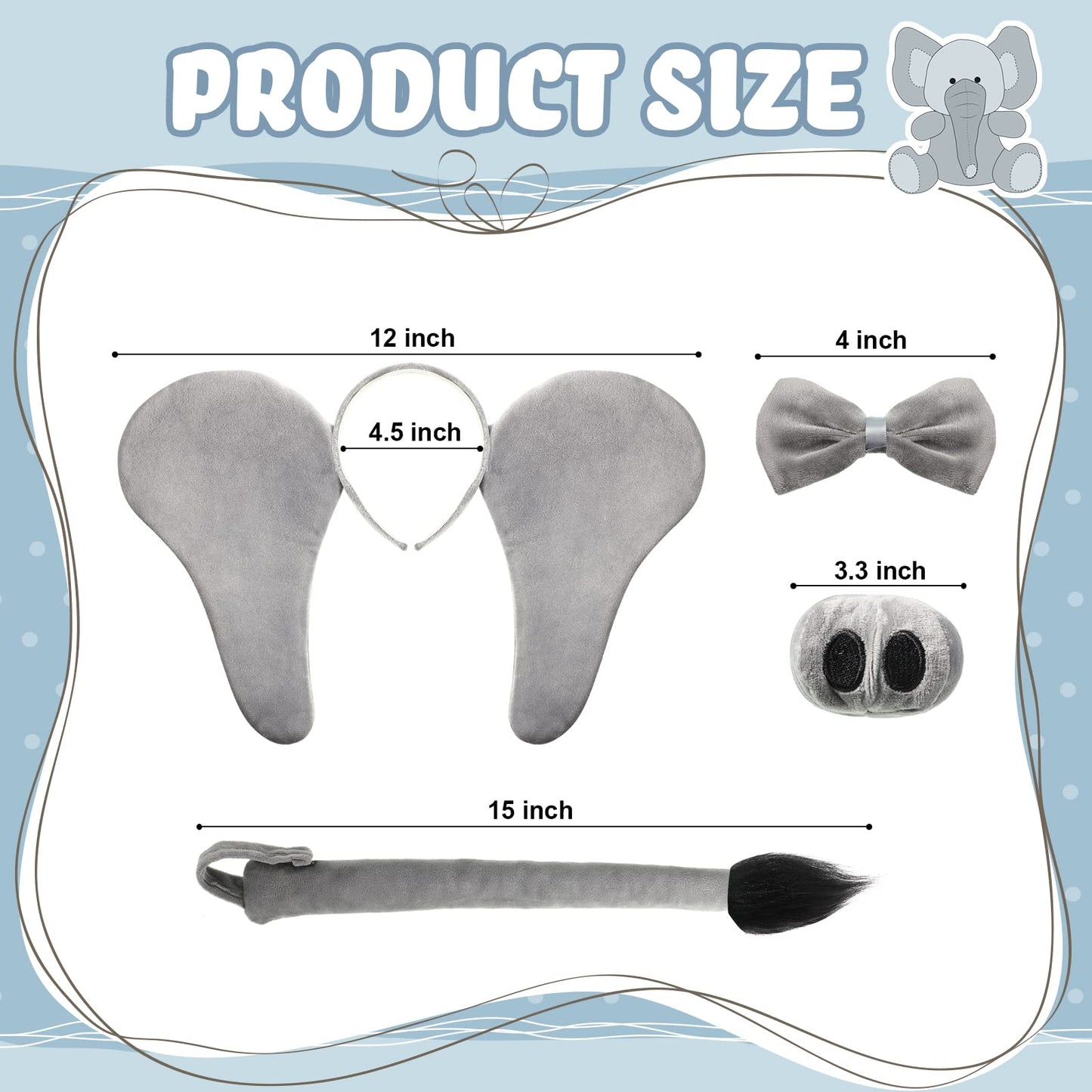 Lewtemi Elephant Costume Set Kids Elephant Ears Headband Nose Tail Bowtie For Children Cosplay Dress Up Party