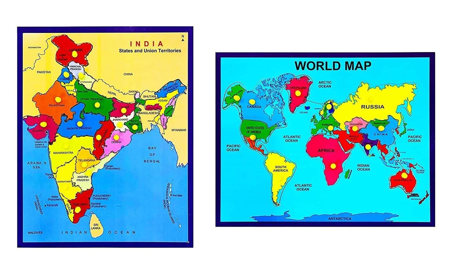 Khilonewale KidS Wooden World Map & India Map Puzzles Set With Knobs | Educational Learning Toys For Boys And Girls | Education