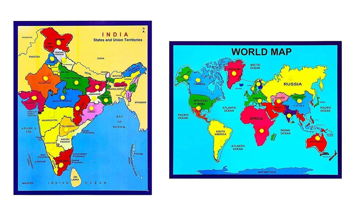 Khilonewale KidS Wooden World Map & India Map Puzzles Set With Knobs | Educational Learning Toys For Boys And Girls | Education