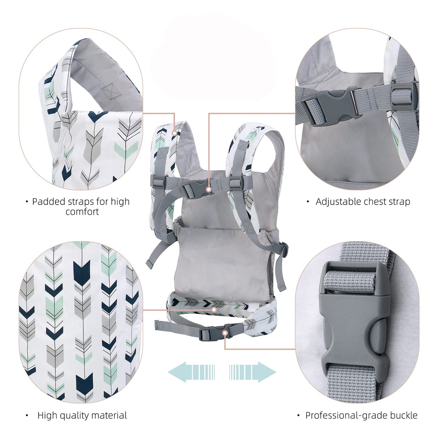 Baby Doll Carrier Front and Back Baby Doll Accessories Backpack Kid Toddlers Play Toy Baby Carriers for Babydoll Pretend with Adjustable Straps for Little Girls (Green Arrow)