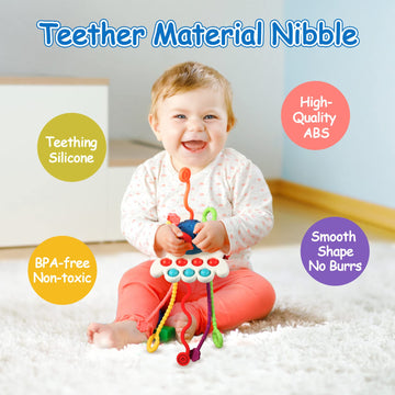 Hooku Montessori Toys for 1 Year Old - Sensory Food Grade Silicone Pull String Activity Toy - Fine Motor Travel Gifts for Toddlers