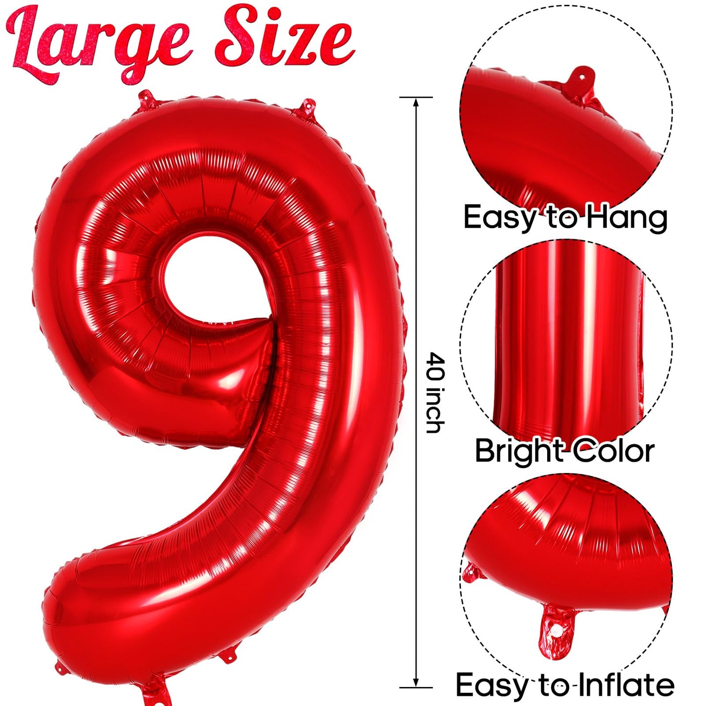 AIQINHU Red Foil Number 9 Balloon, 40 Inch Jumbo Mylar for 9th Birthday Party Decorations