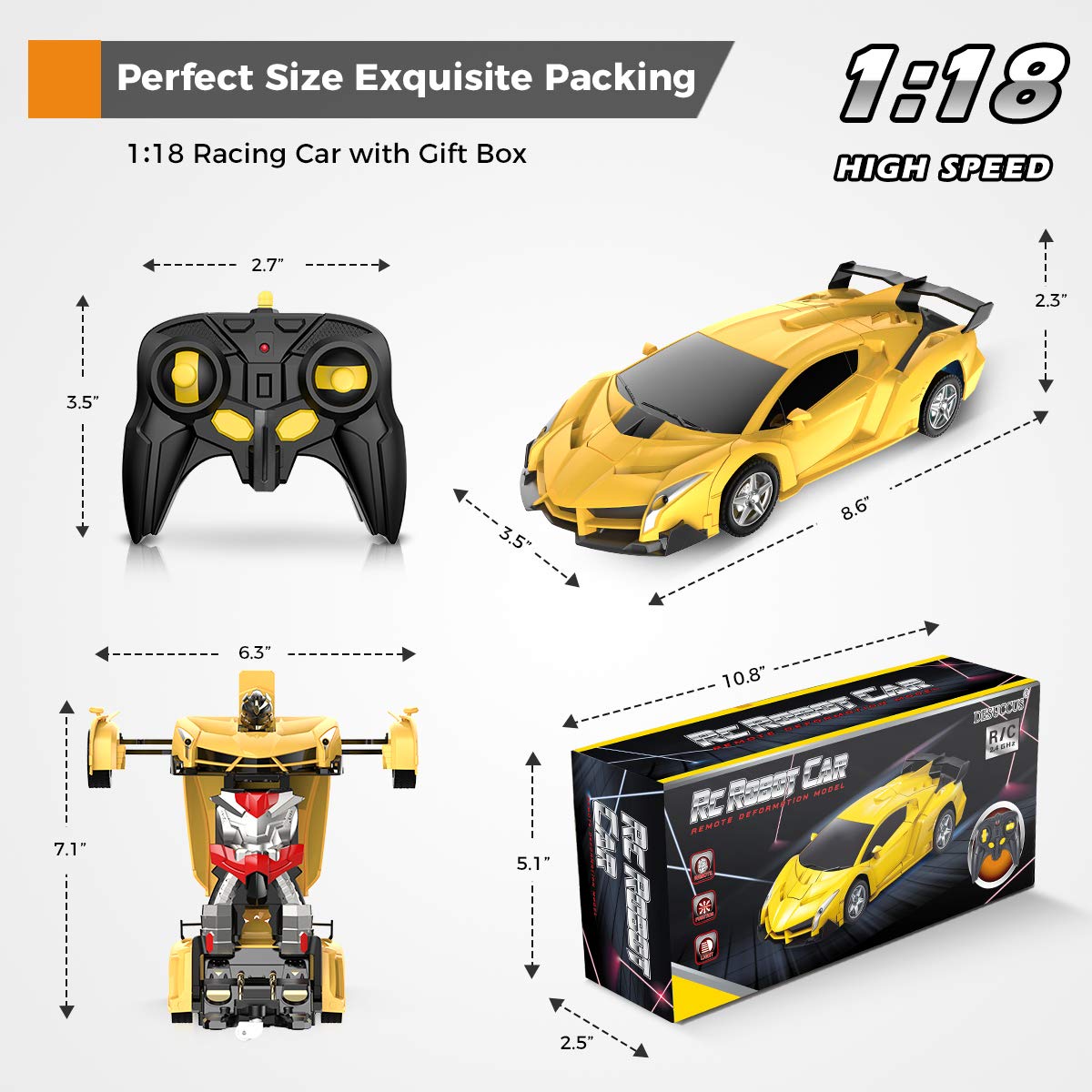 Remote Control Car, Transform Robot RC Cars for Kids Toys, 2.4Ghz 1:18 Scale Racing Car with One-Button Deformation, 360Drifting