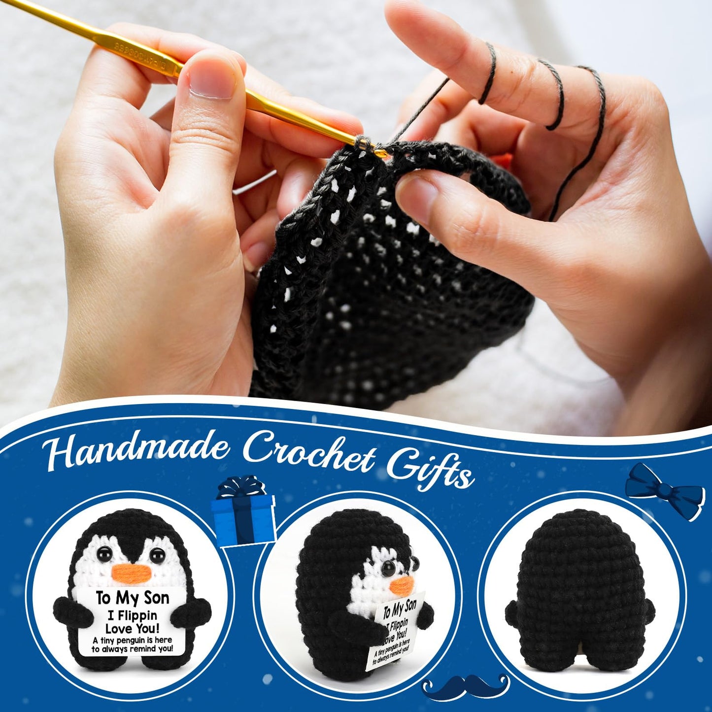 Son Gifts from Mom Dad  Handmade Crochet Mini Penguin Birthday Gift for Son Teen mature-themed Bonus Step  To My Son Gifts for Birthday Christmas  Funny I Love You Son Stocking Stuffers Emotional Decor
