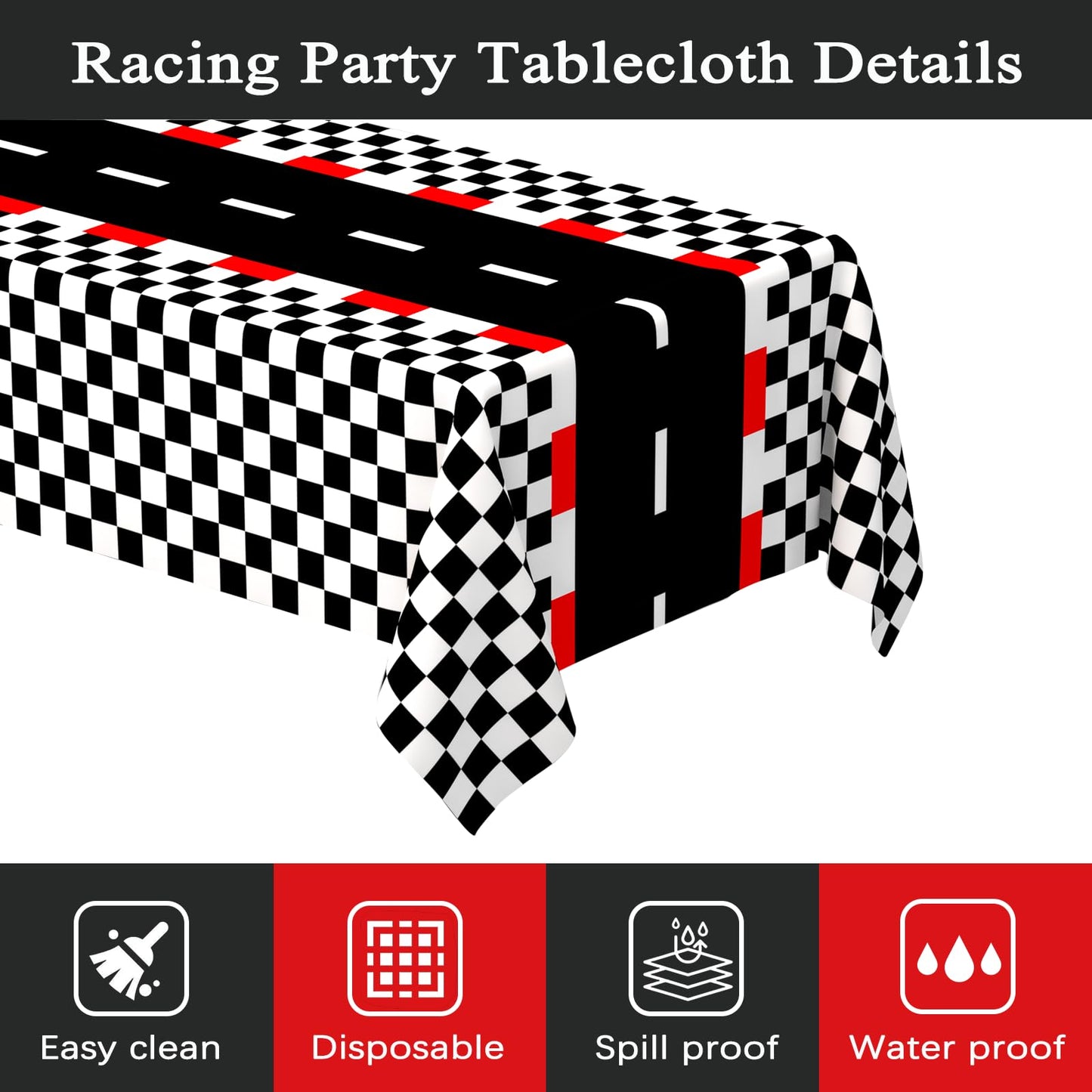 Wnink 2 Pcs Racing Car Theme Tablecloths Car Disposable Plastic Tablecloths Black Checkered Flag Table Covers Racetrack Rectangu