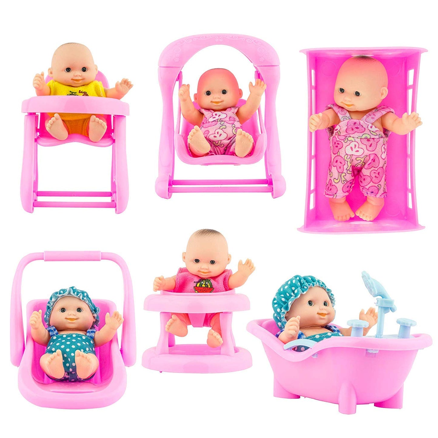 Powertrc 6 Set Of Mini 5 Inch Baby Girl Toy Dolls Collection With High Chair, Cradle, Walker, Swing, Bathtub And Baby Seat Accessories For Girls 3-6 Years Old