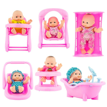 Powertrc 6 Set Of Mini 5 Inch Baby Girl Toy Dolls Collection With High Chair, Cradle, Walker, Swing, Bathtub And Baby Seat Accessories For Girls 3-6 Years Old