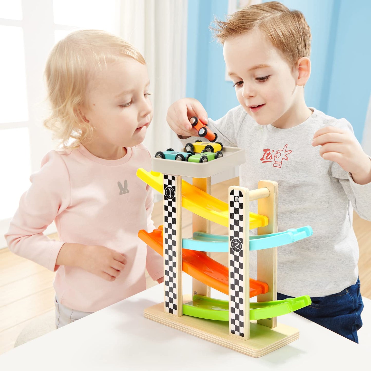 TOP BRIGHT Wooden Race Track Car Ramp for Toddlers - 4 Mini Cars, Toddler Race Track, Ramp Racer Suit, Ideal Gifts for 1-2 Year Olds