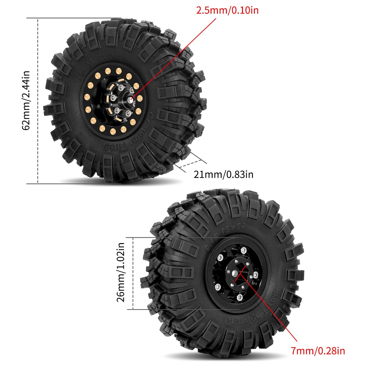 OGRC 1.0 RC Wheel and Tires Brass Negative Offset 7mm Wheels with New Compound 1.0 Tires for 1/18 TRX4M 1/24 SCX24 C10 JLU Deadb