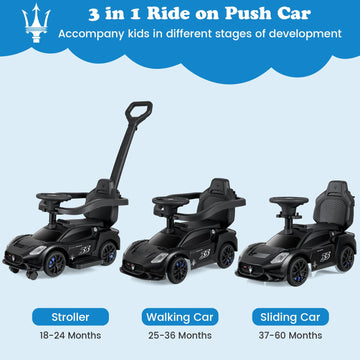 INFANS 3 in 1 Push Car for Toddlers, Licensed Maserati Baby Stroller Sliding Walking Car with Push Handle, Horn, Music, Undernea