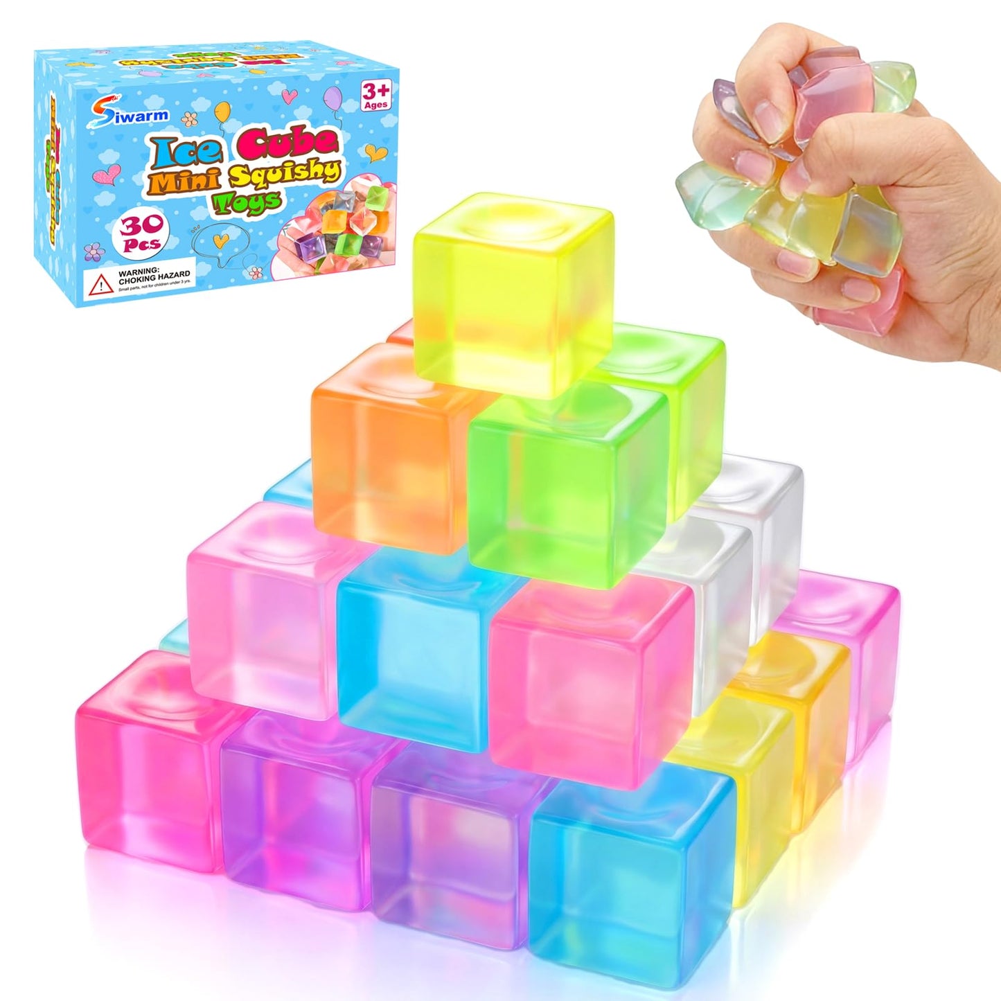 30 Pack Mini Ice Cube Squishy Fidget Toys for Kids and Adults, Mini Stress Cube Squeeze Toys, Square Stress Balls Sensory Toys f