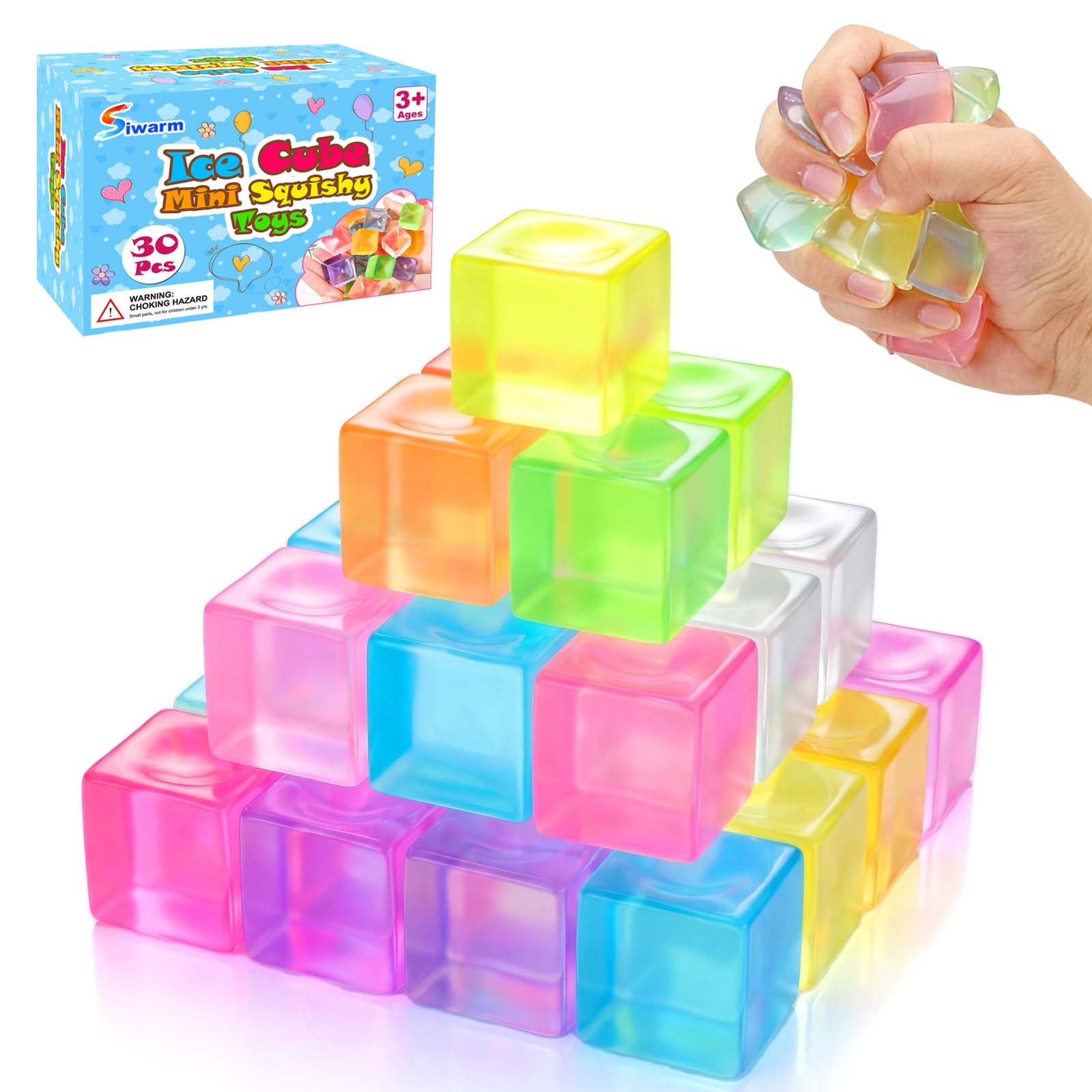30 Pack Mini Ice Cube Squishy Fidget Toys for Kids and Adults, Mini Stress Cube Squeeze Toys, Square Stress Balls Sensory Toys f
