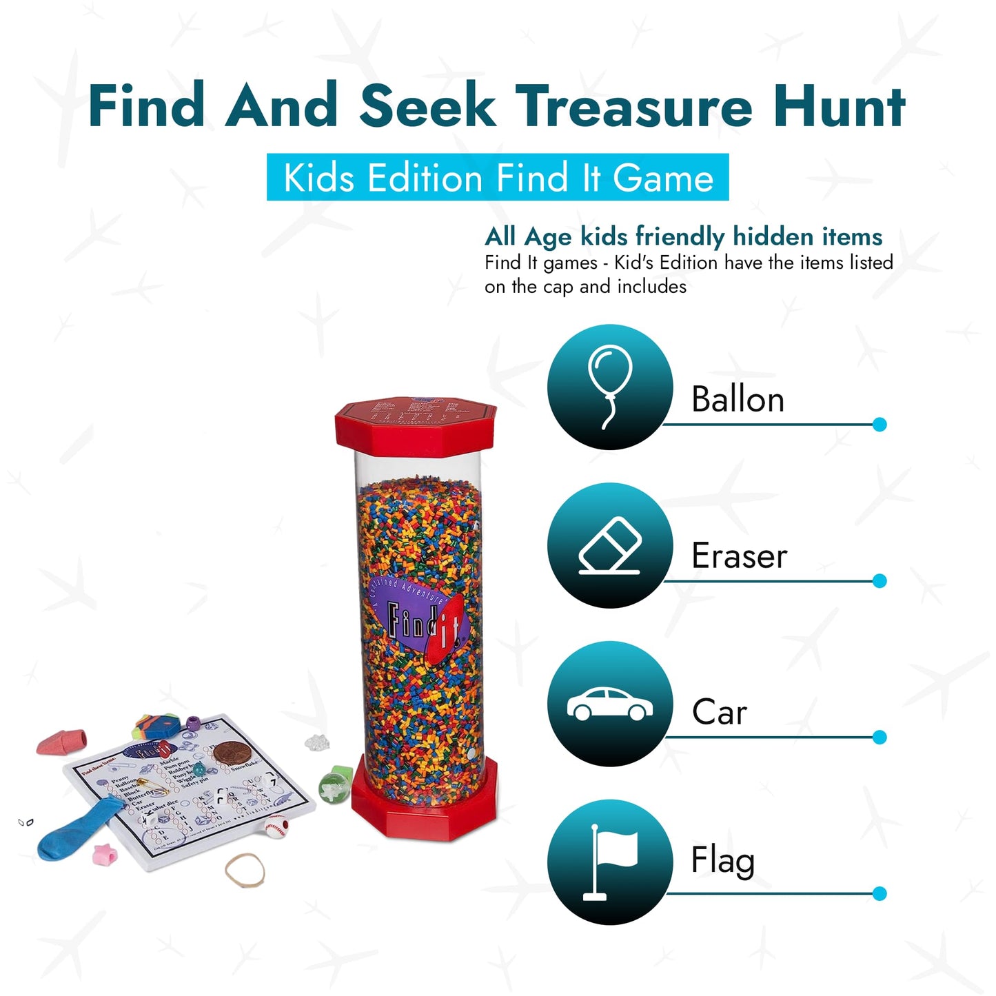 Find It Games Hidden Object Game, Find And Seek Scavenger Hunt, Kids Edition Kid Friendly Themed Items, Including Alphabet Beads, Car, Fish, Balloon, Baseball - Travel Game For Ages 8+