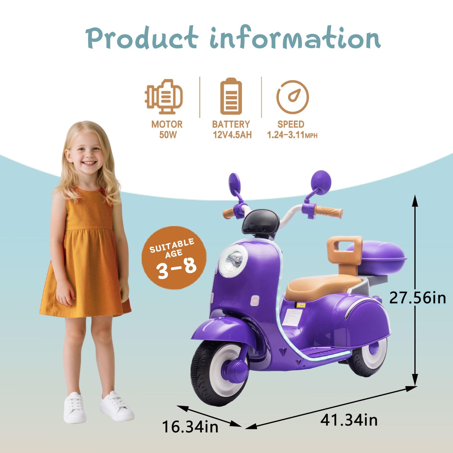Upgrade 2 Seats Kids Motorcycle, 12V Ride On Electric Car with 2 Motors, Kid s Motorbike with USB, Bluetooth, Waterfall Light,