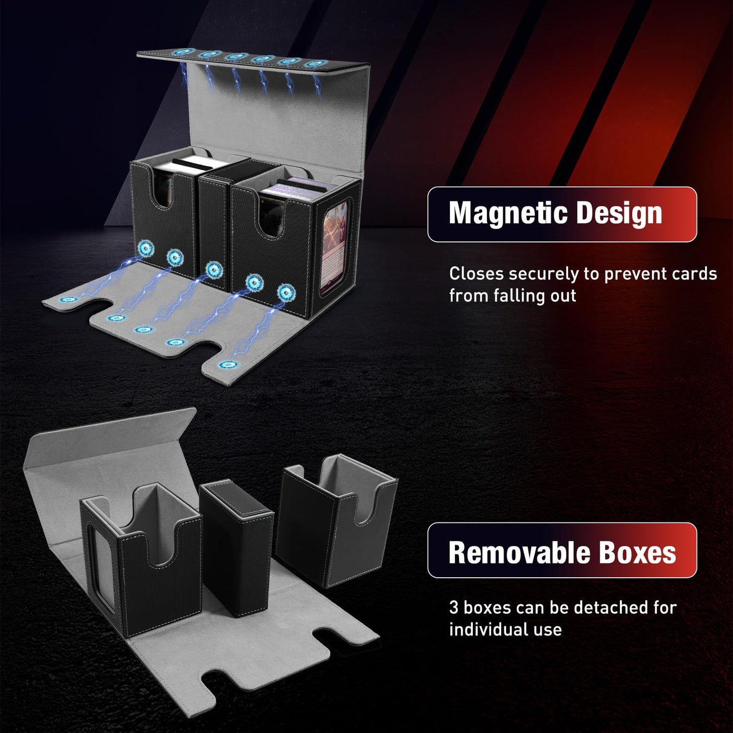 TiMOVO MTG Deck Box  Commander Deck Case Fits 200+ Double-Sleeved Cards  Magnetic Leather Card Storage Box with 2 Commander Display & 4Dividers & Dice Tray Fit YuGiOh TCG CCG Magic Cards  Black+Gray