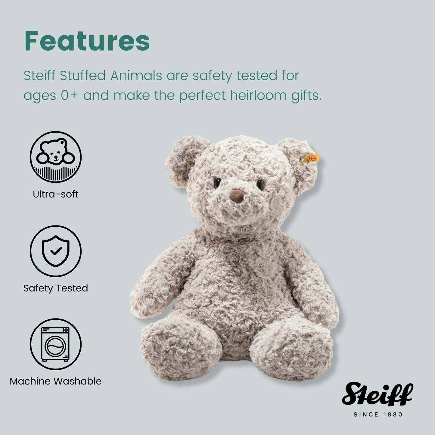 Steiff Honey Teddy Bear Plush Toy, 19" Soft Cuddly Gray Stuffed Animal, Model 113482, Perfect for Kids and Collectors