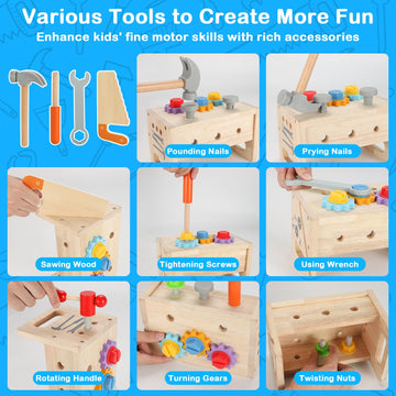 Vextronic Kids Tool Set, Wooden Toddler Tool Set with Tool Box/Bench, Montessori Toys for 1 2 3 4 5 6 Year Old, Play Toy Tools K