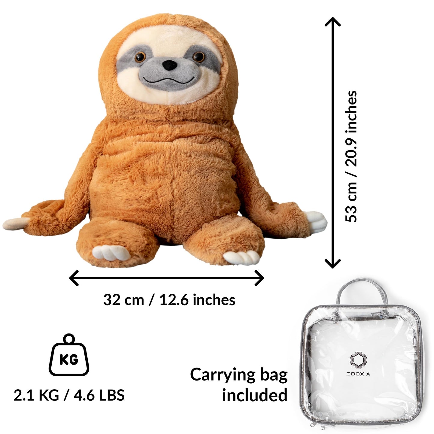 ODOXIA Weighted Plush Animal Sloth | 5 Lbs | Brown | Calming & Comforting | Machine Washable | Carrying Bag Included