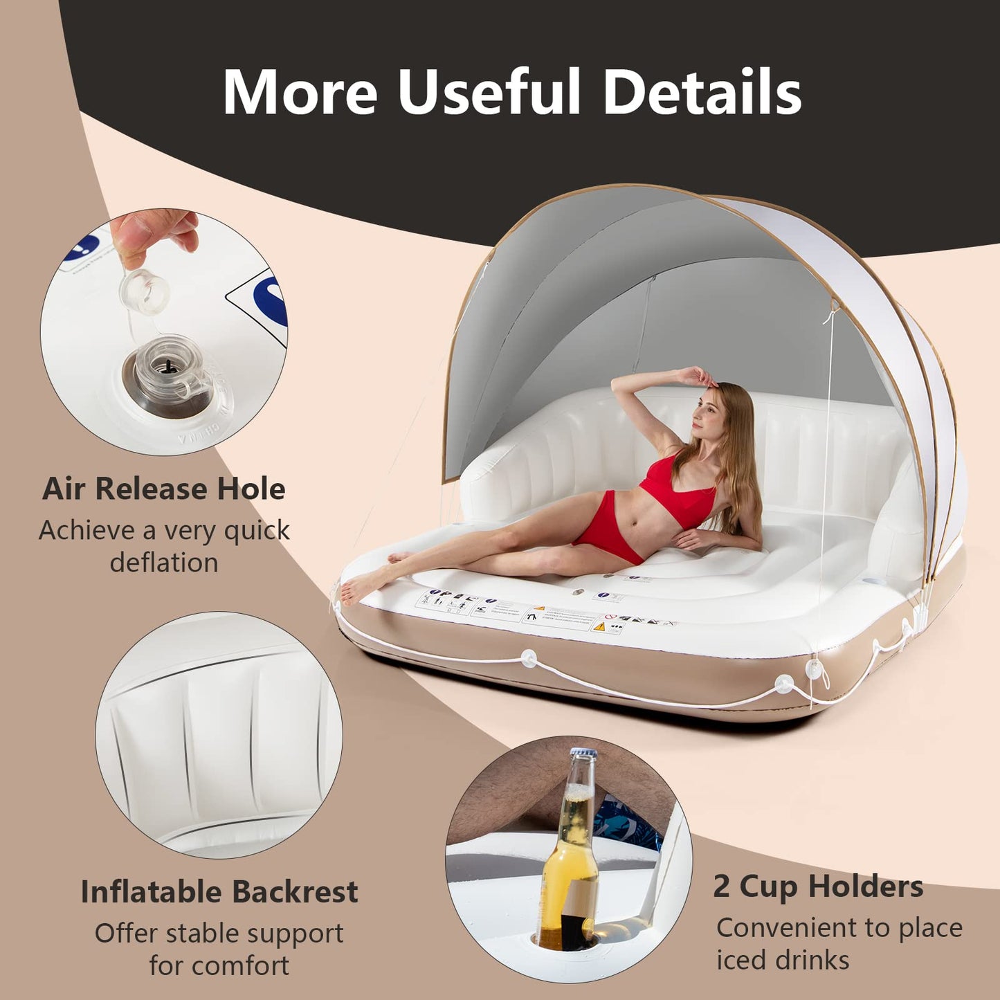 Giantex Canopy Island  Pool Float w/SPF50+ Retractable Detachable Sunshade  mature-themed w/2 Cup Holders High Backrest Armrest  71 x Island Inflatable Lounge  Load 440LBS