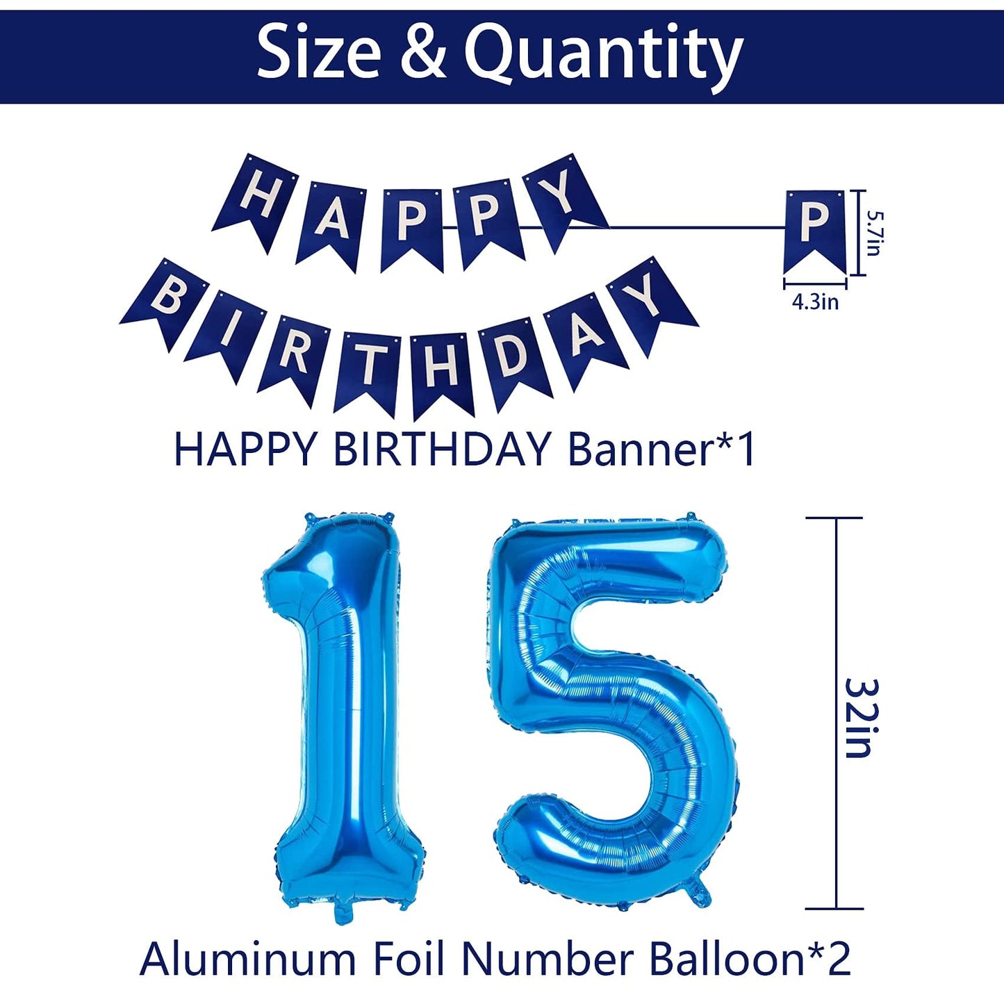 Naninuneno 15Th Blue Birthday Party Decorations For Boy Girl Men Women, Happy 15 Birthday Balloons Supplies With Happy Birthday