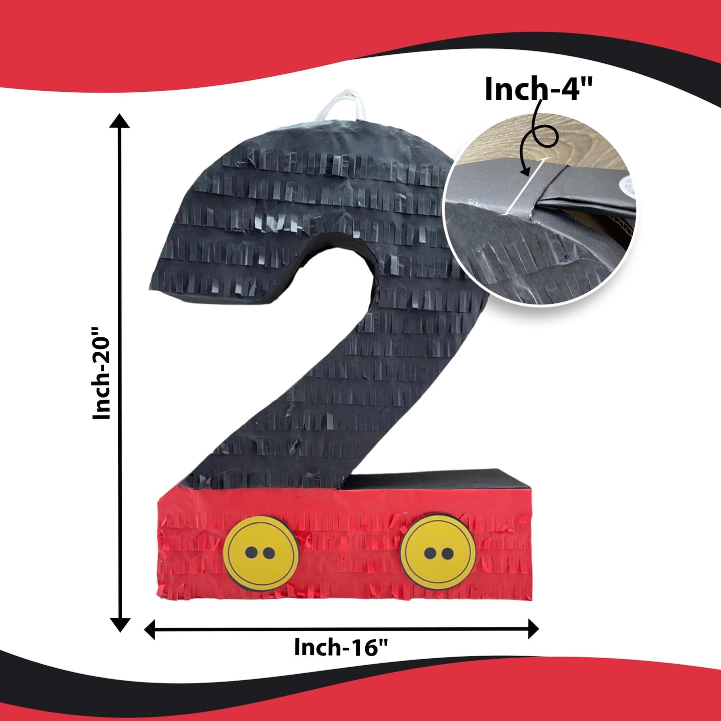 Apinata4U Black & Red Number Two Pinata With Yellow Buttons, Second Themed Birthday Party Supplies And Decorations, Anniversary Celebrations Pinata, Kids Second Birthday Gift, 20 X 16 X 4 Inches