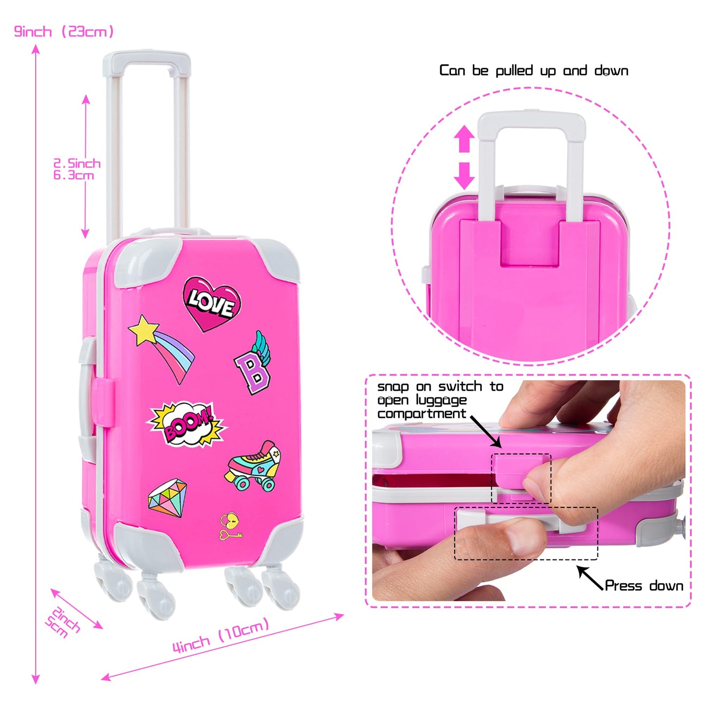 18 Inch Doll Clothes And Doll Accessories Case Luggage Travel Play Set Include Suitcase, Jacket, Dresses, Backbag, Roller Shoes, Hairband, Sticker Etc (No Doll)