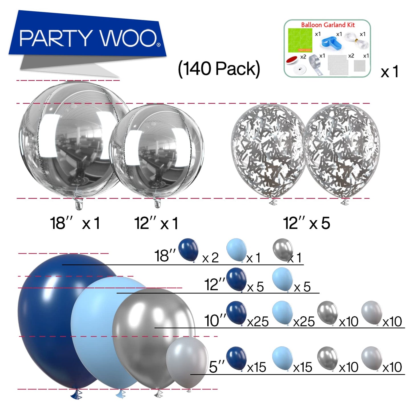 Partywoo 140 Pcs Blue And Silver Balloon Arch Kit, Blue Balloons Garland Kit With 4D Silver Balloons, Navy Blue Metallic Silver Balloons, Glitter Balloons For Birthday, Baby Shower, Wedding