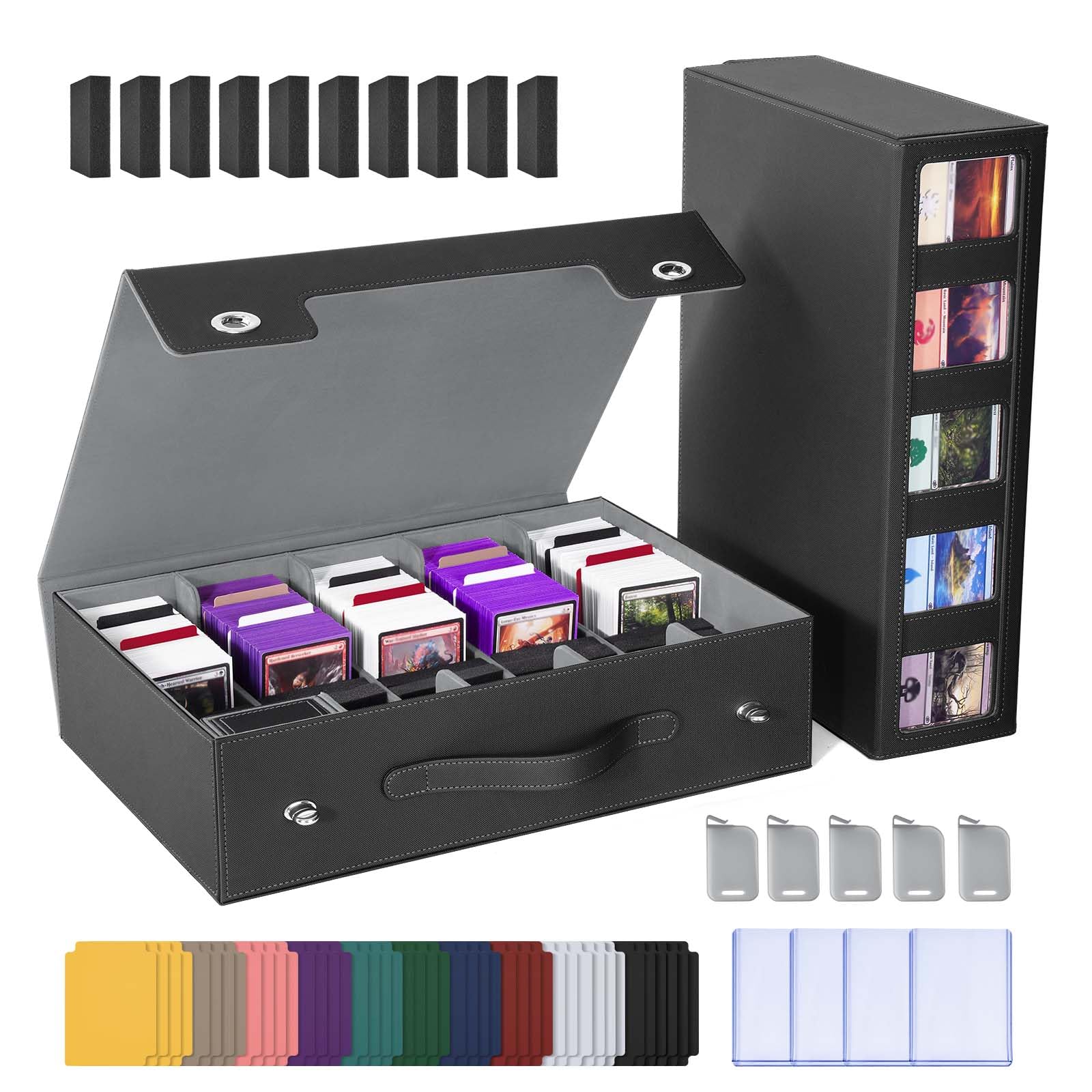 UAONO Trading Card Storage Box with Commander Display, 5 Row Magic Card Box with Handle & Aluminum Alloy Locking for 3900+ Unsle