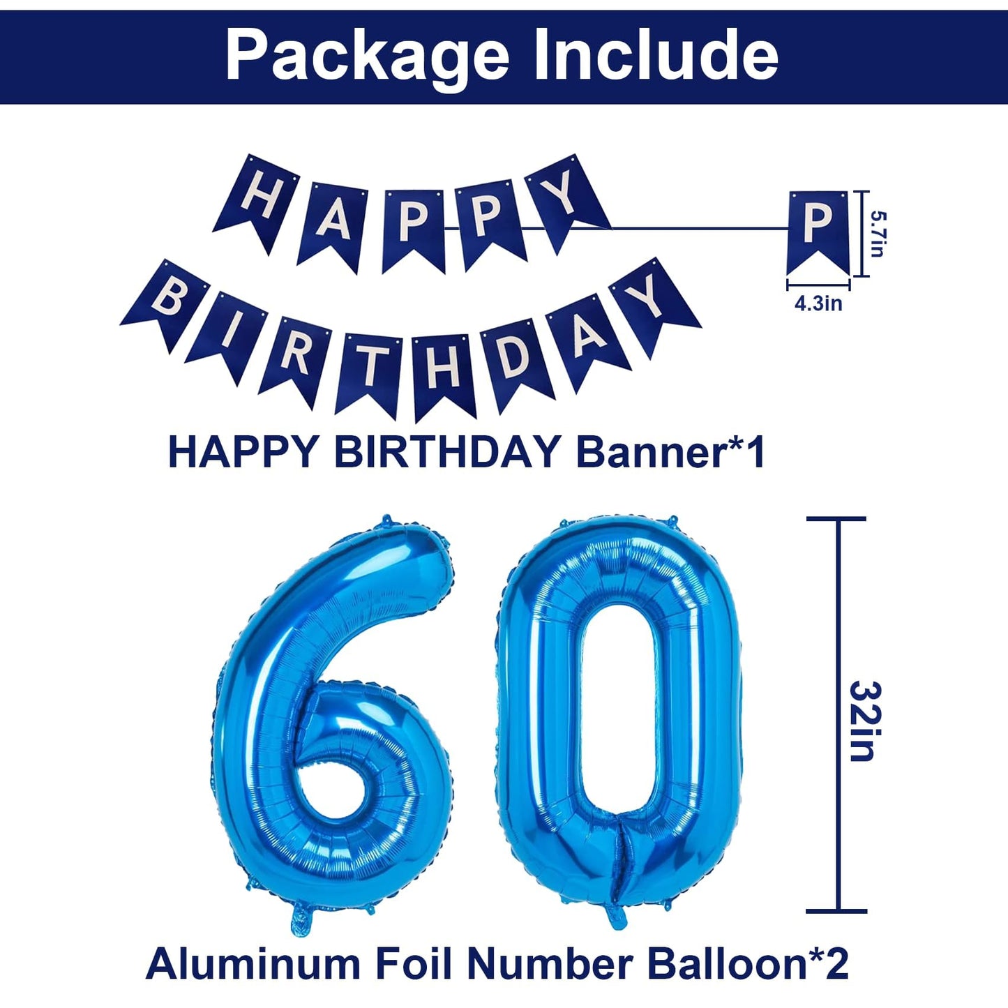 Naninuneno 60Th Blue Birthday Party Decorations For Boy Girl Men Women, Happy 60 Birthday Balloons Supplies With Happy Birthday