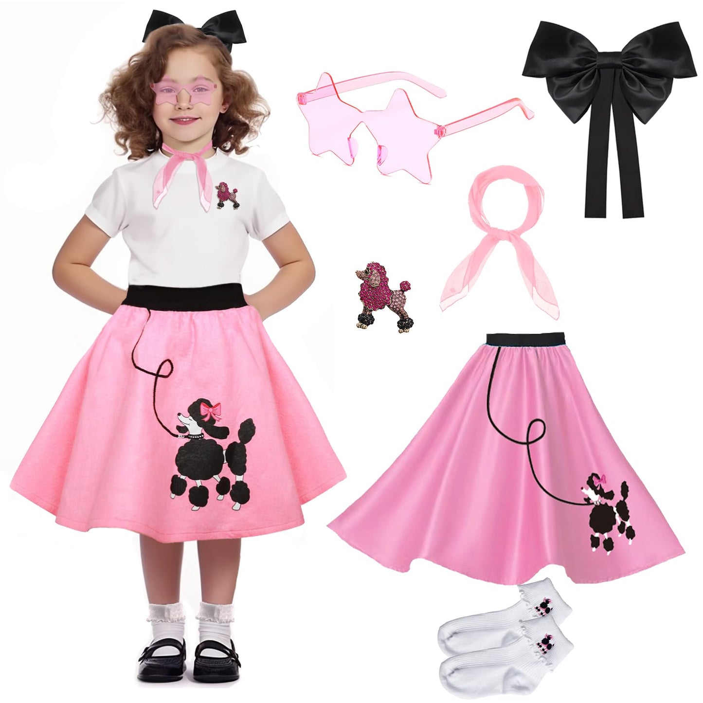 1950S Girls Poodle Skirt Dress Up Kit, Bobby Sock,Chiffon Scarf, 50S Costume Outfit For Kids Toddler (Pink, 7-10 Yrs)