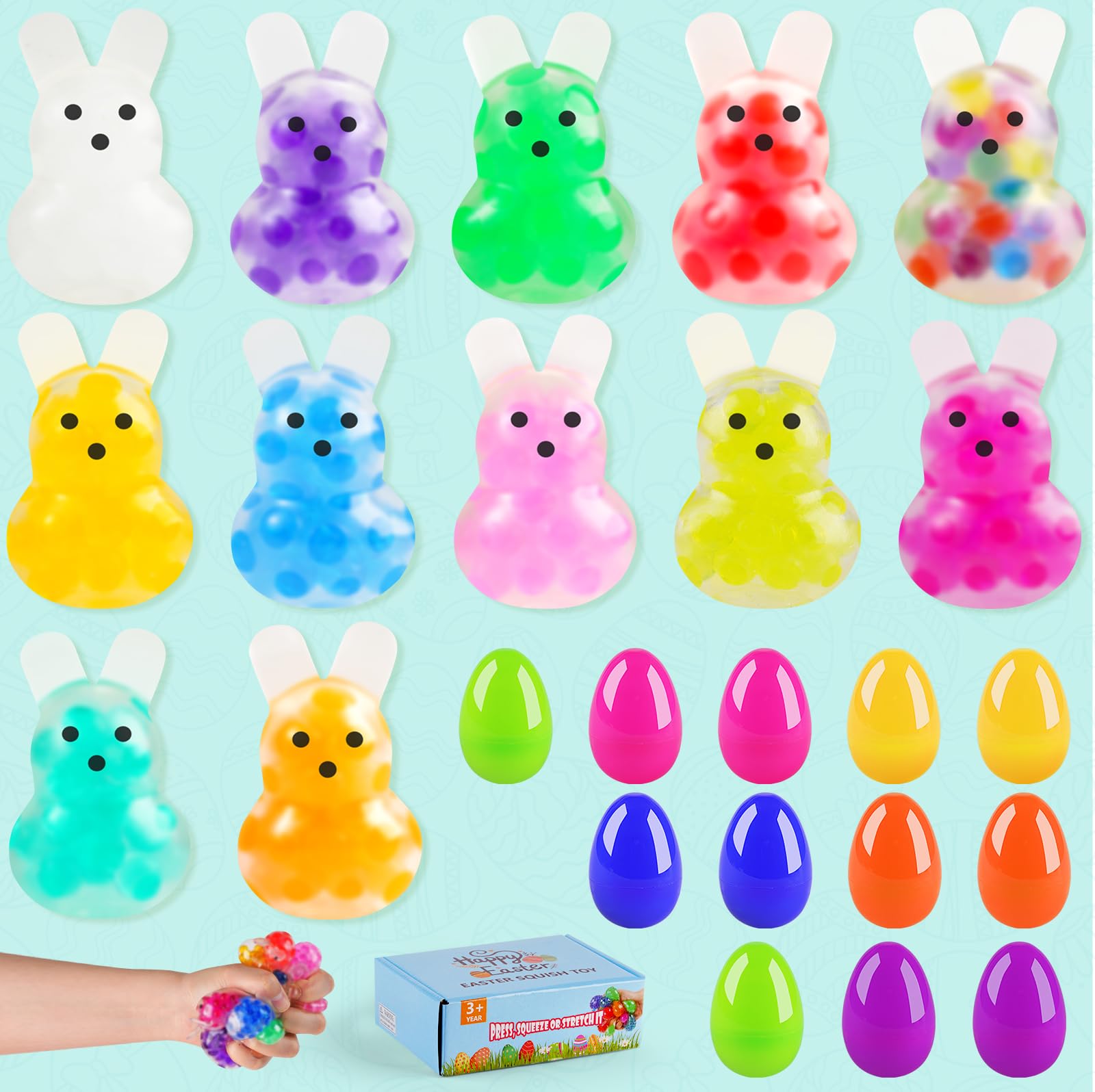 12Packs Easter Bunny Stress Balls With Eggs,Easter Basket Stuffers,Easter Squishy Squeeze Balls Bulk Fidget Toys For Adults,Stre