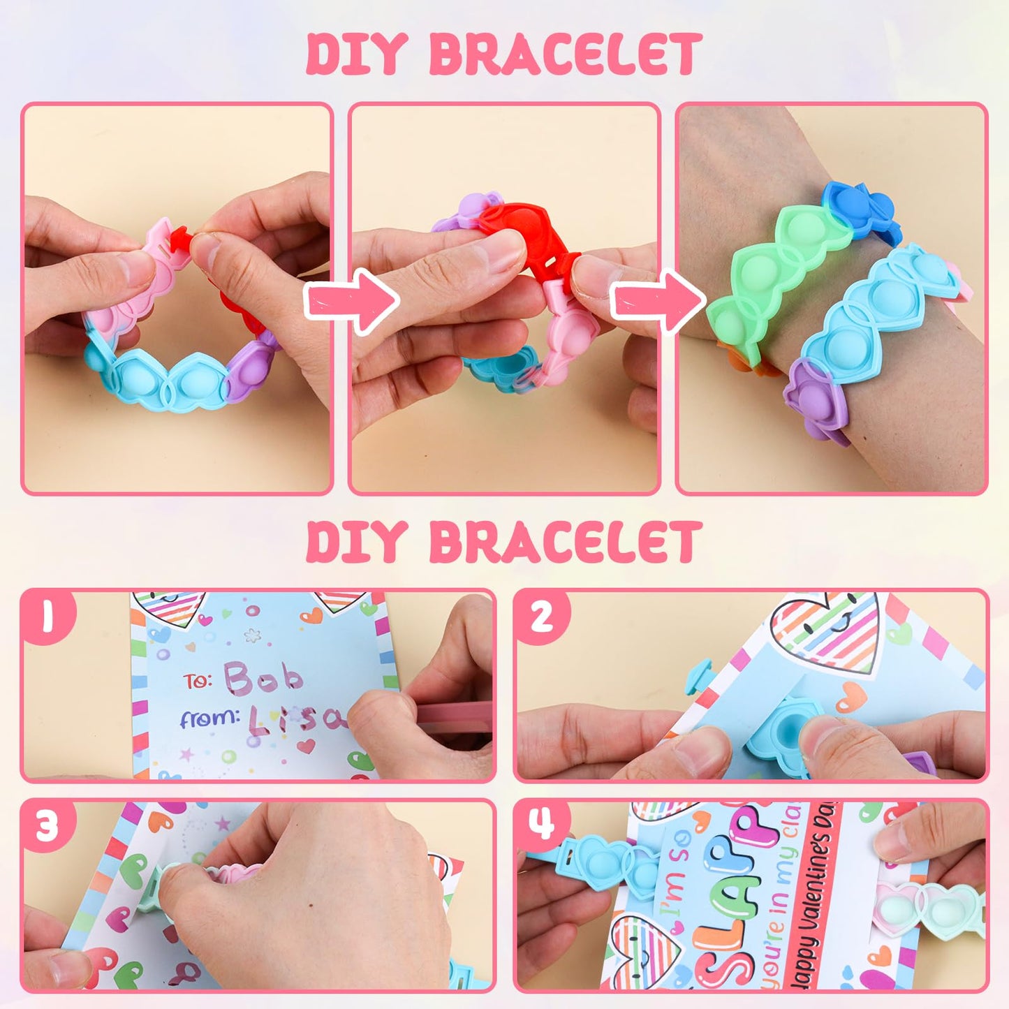 24 Packs Valentine Day Party Favors Kids, Heart Pop Fidget Toys Bulk Bracelets Cards for Kids School Classroom Prizes, Valentine