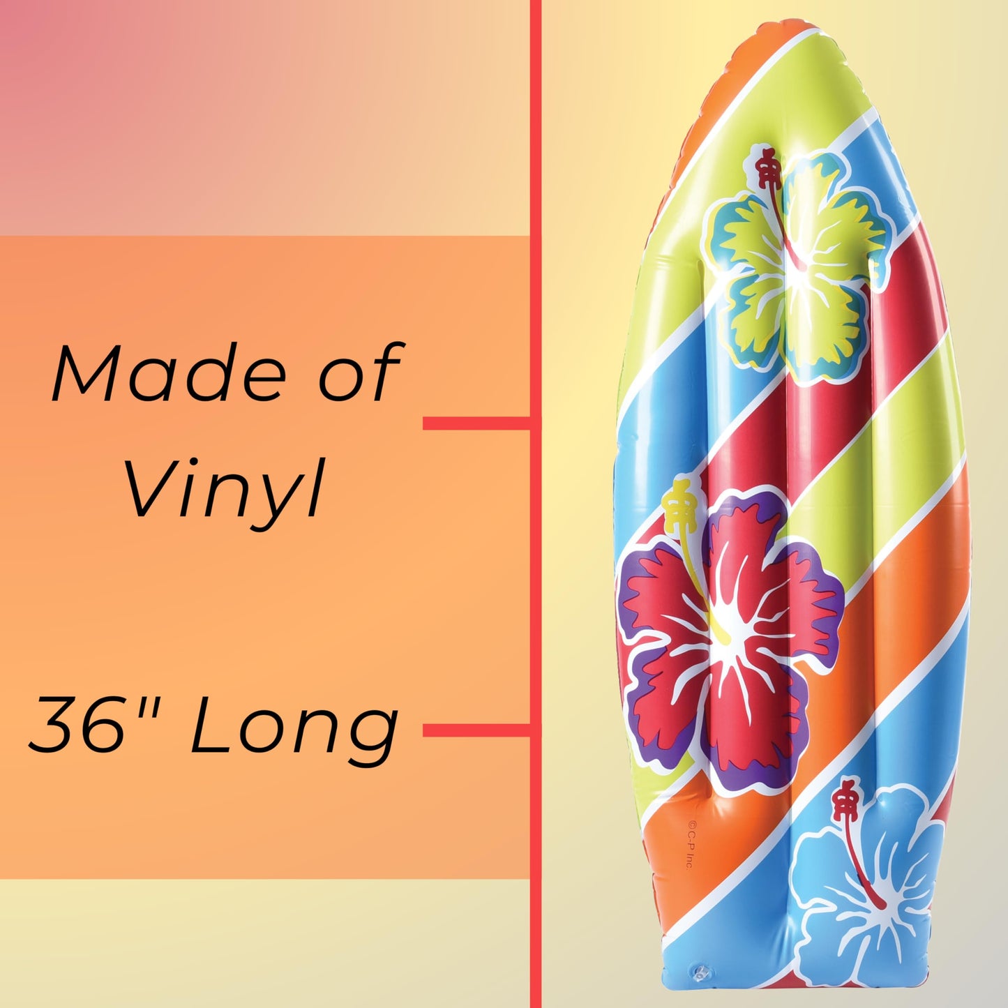 U. S. Toy Inflatable Surfboard - 3 Ft. Vinyl Luau Decoration, Multicolored, Ideal for Beach & Pool Parties, Ages 3+