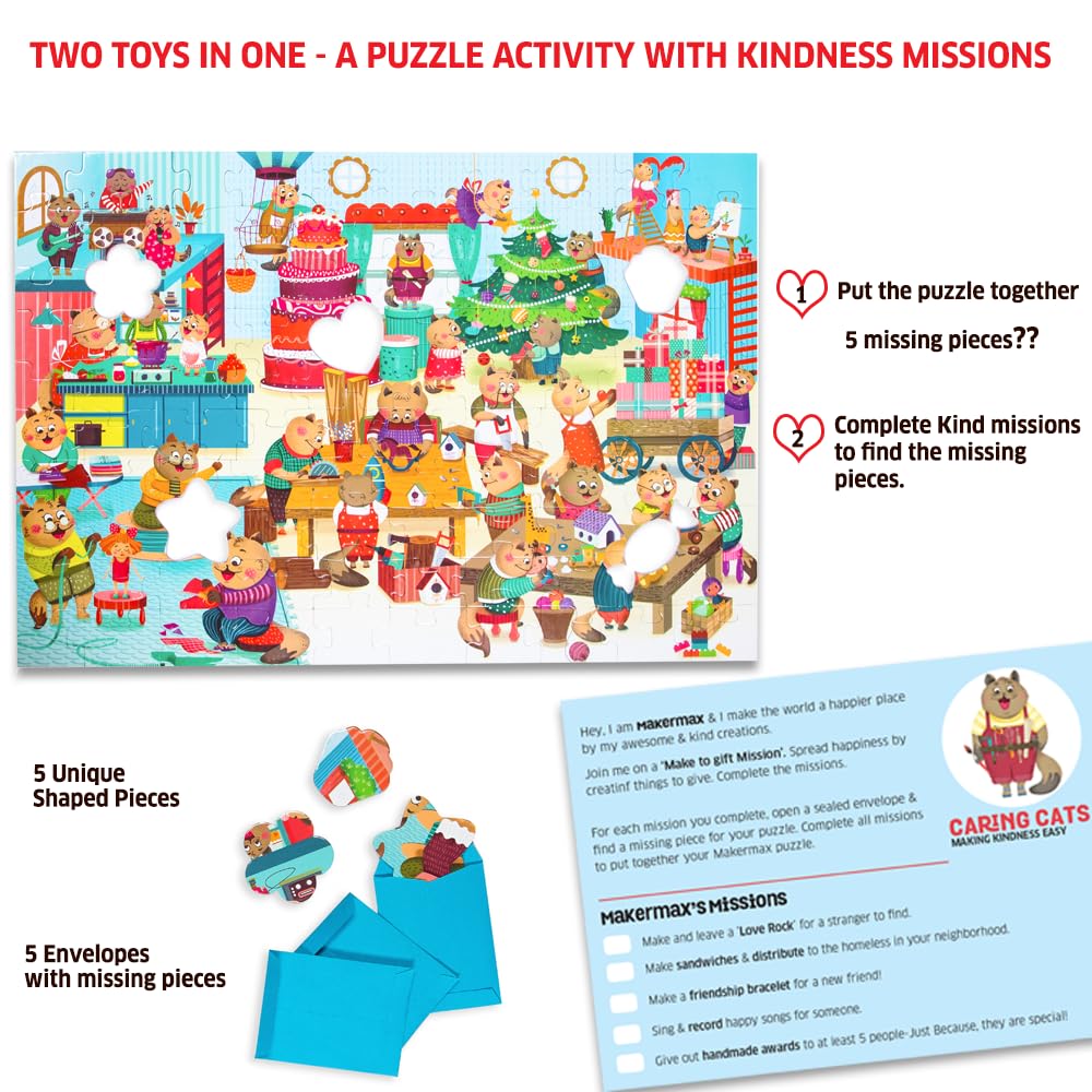 Caring Cats Makermax Kindness Puzzle - 100 Piece Jigsaw Puzzle with Missions | Emotional Learning Activity for Kids Ages 5-9 | Develops Empathy  Focus  and Fine Motor Skills | Gift for Boys & Girls