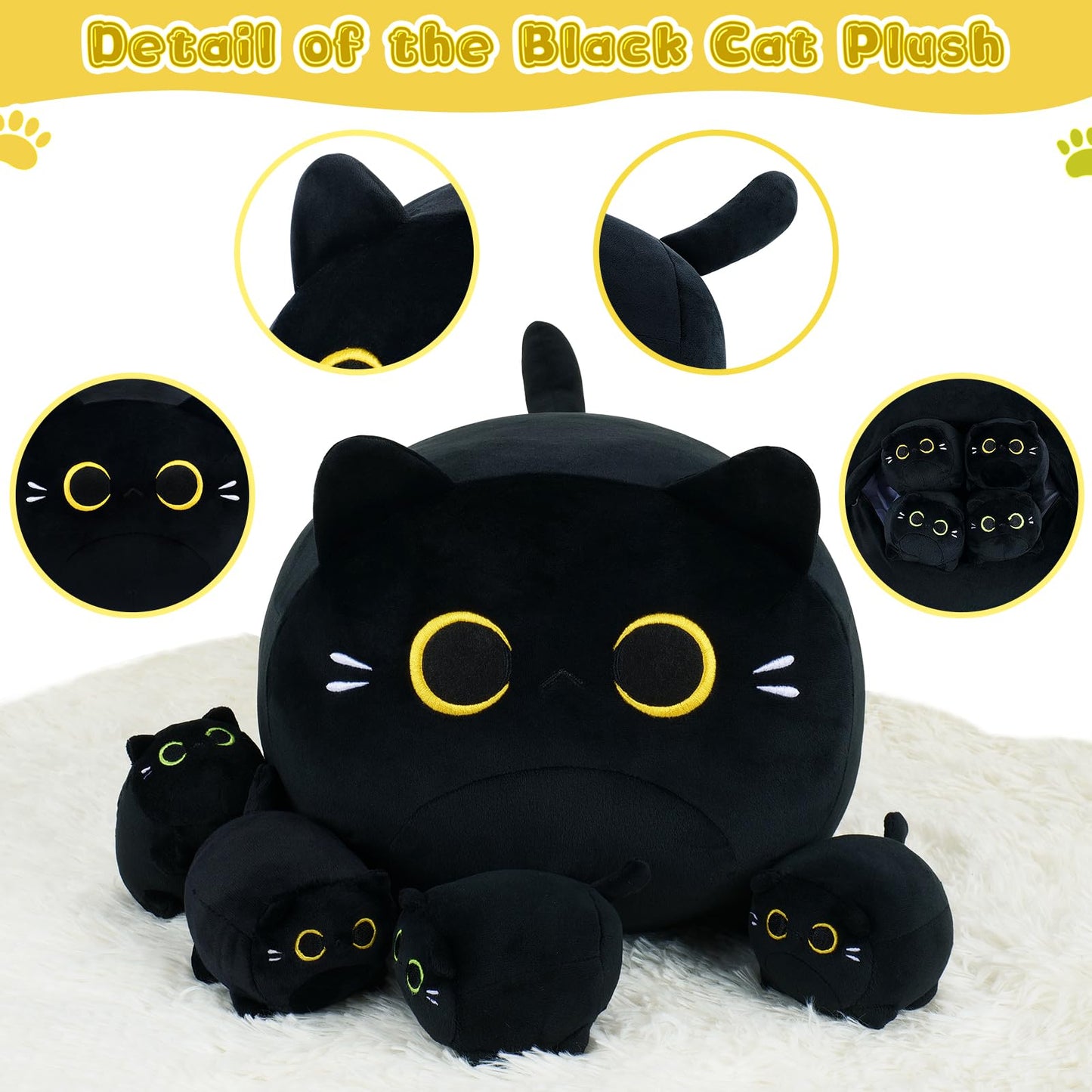 5 Pcs Black Cat Plush Toys- Black Cat Plush Stuffed Animal Family, Cute Black Cat Mommy Cat With 4 Baby Kittens Cat Plushies For Kids, Kawaii Cat Plush Toy Birthday Gifts For Kids Boys Girls