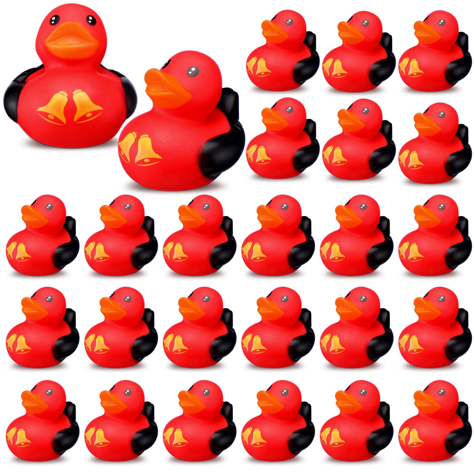 Leyndo 24 Pcs Christmas Mini Rubber Duck Bulk with Xmas Bell for Cruise Ship Party Favors Gifts Bathtub Floating Pool Squeaky Red Black Small Duck for Xmas Baby Shower Party Supplies