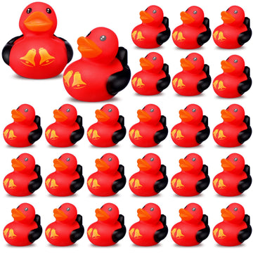 Leyndo 24 Pcs Christmas Mini Rubber Duck Bulk with Xmas Bell for Cruise Ship Party Favors Gifts Bathtub Floating Pool Squeaky Red Black Small Duck for Xmas Baby Shower Party Supplies
