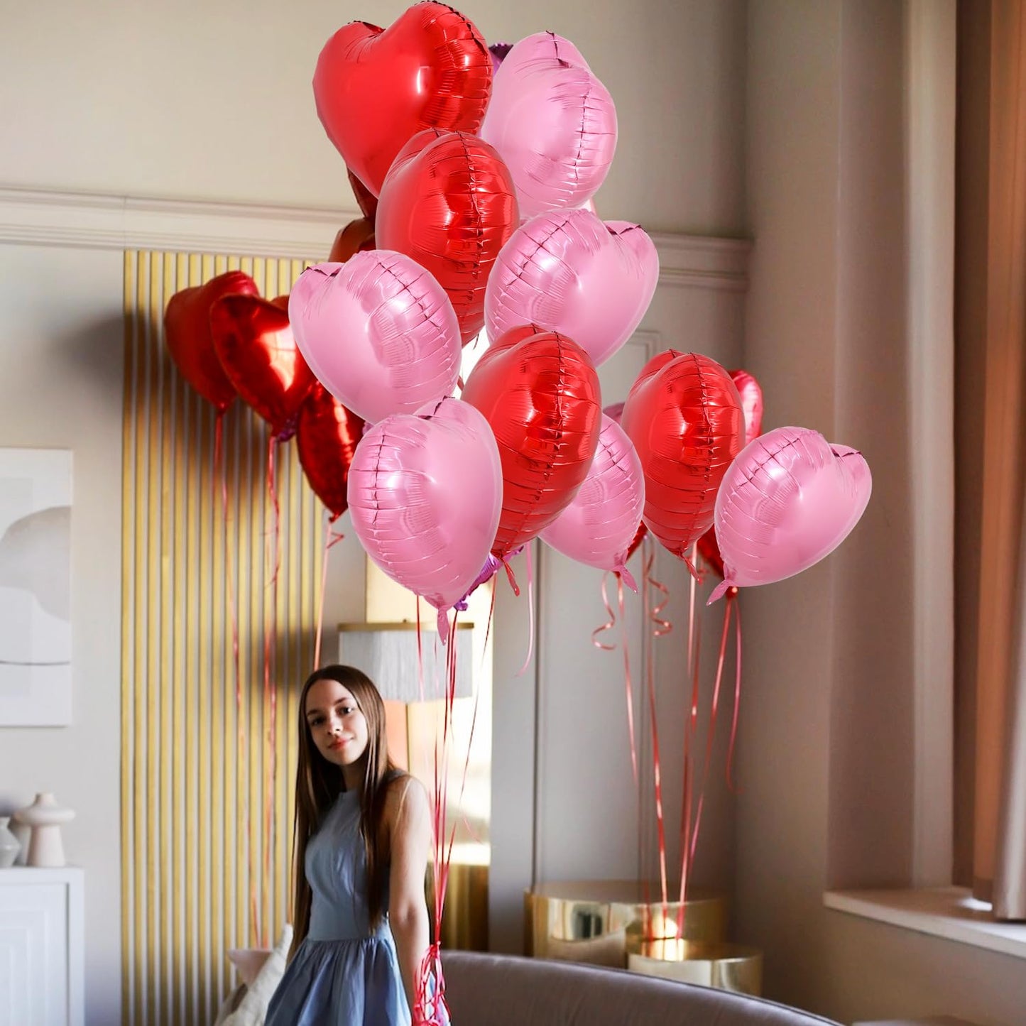 TONIFUL 30Pcs 18 Inch Red Pink Heart Balloons Valentines Day Heart Shape Foil Mylar Balloons Decoration for Romantic Valentines