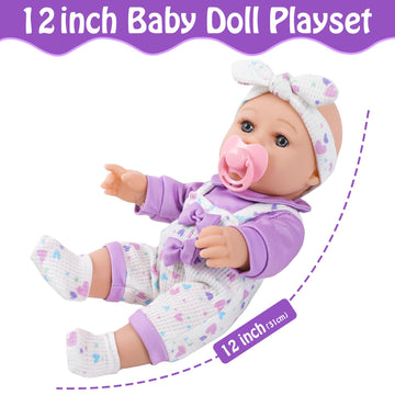 Uzidbto 12'' Baby Doll With Flower Pattern Backpack Carrier,12 Inch Realistic Baby Dolls With Clothes And Accessories Hanky Paci