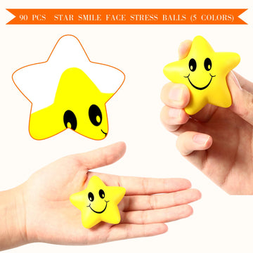 Civaner 90 Pcs Star Smile Face Stress Balls Mini Foam Funny Face Toys Relief Star Smile Balls for School Carnival Reward Student Prizes Party Favor Toy  5 Colors