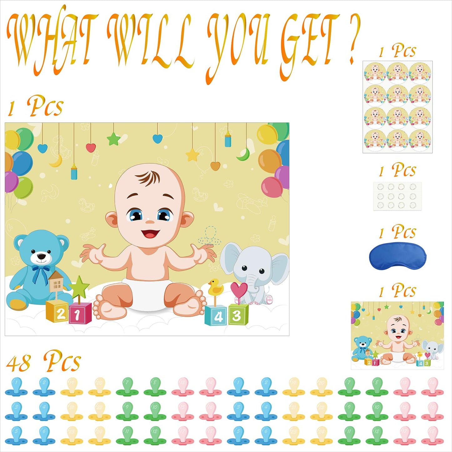 Morcheiong Pin The Pacifier On The Baby Game With 48 Pacifiers, Baby Shower Game, Baby Shower Party Favors Supplies Decorations