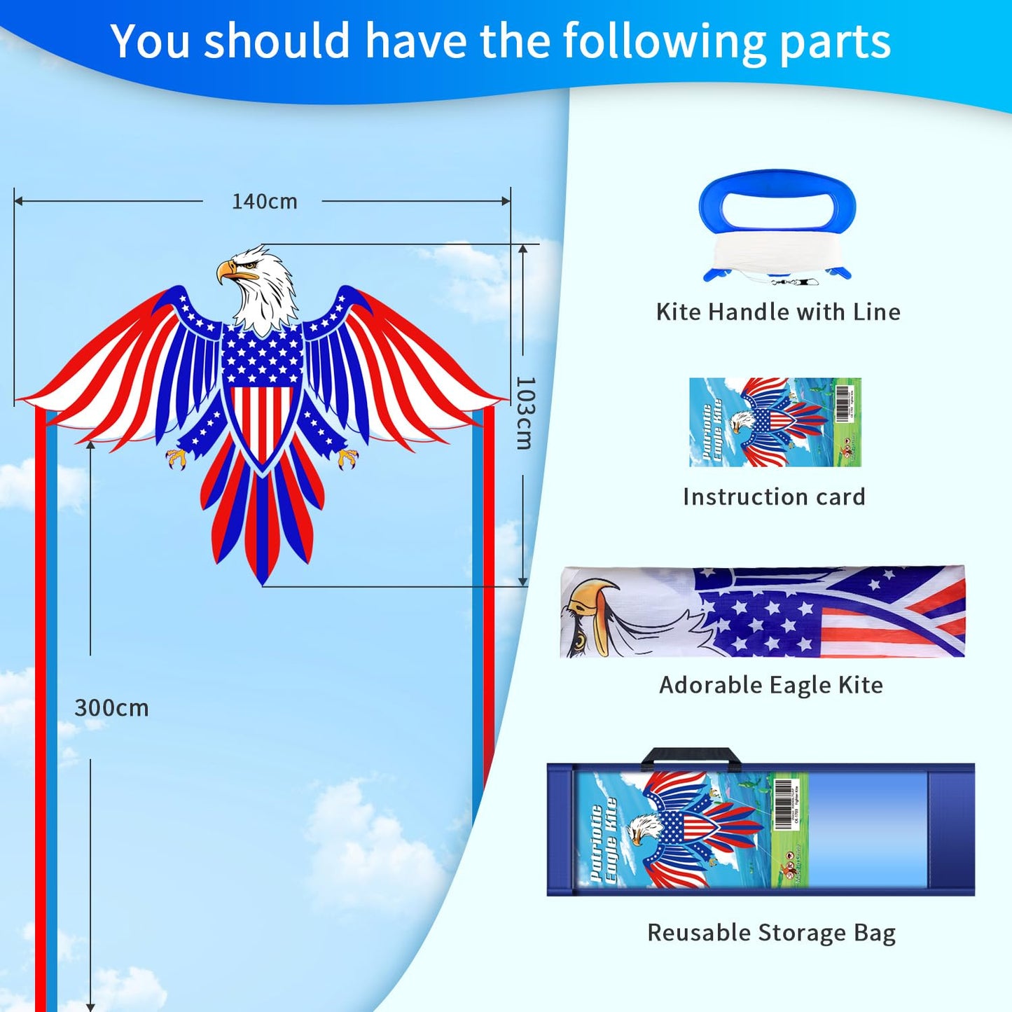 Xida Patriotic Eagle Kites For Kids & Adults, Bald Eagle Kite For Kids Ages 8-12, Easy To Fly Beginner Kite, Ideal For Independe
